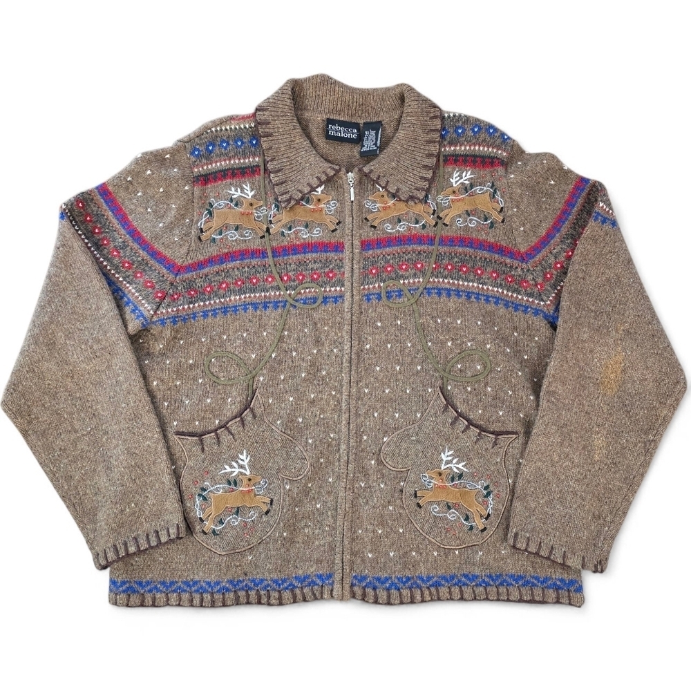 Rebecca Malone Reindeer Cardigan Sweater Size Large Festive Holiday Zip Front
